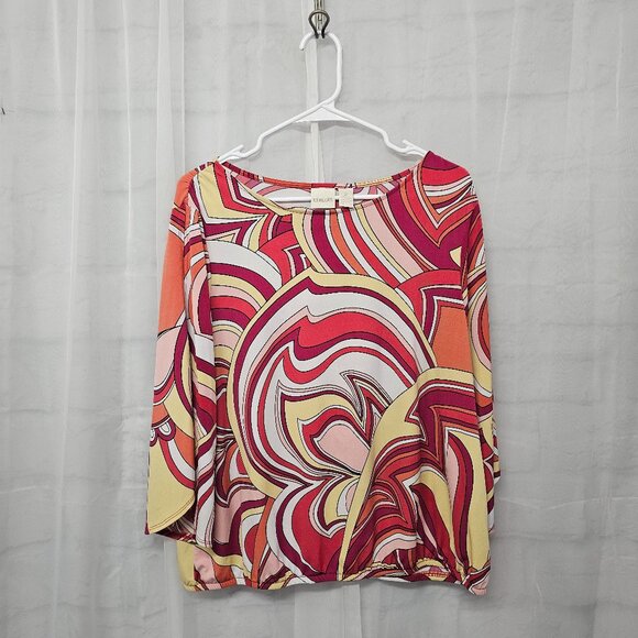Vintage Chico's Retro Psychedelic Mod Blouse Pink Yellow 90s Festival 2 (L) - Picture 7 of 11